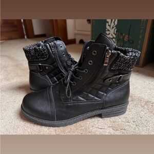 Women’s Black Quilted Ankle Boots with Knit Collar